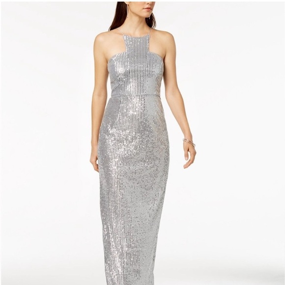 ADRIANNA PAPELL Silver Sequin Halter Gown | size 10 - Picture 7 of 11